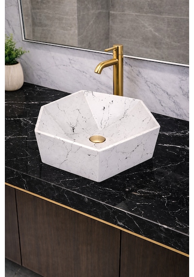 Mermer Desenli Tezgah Üstü Altıgen Taş Lavabo 45 X 16 Cm Beyaz