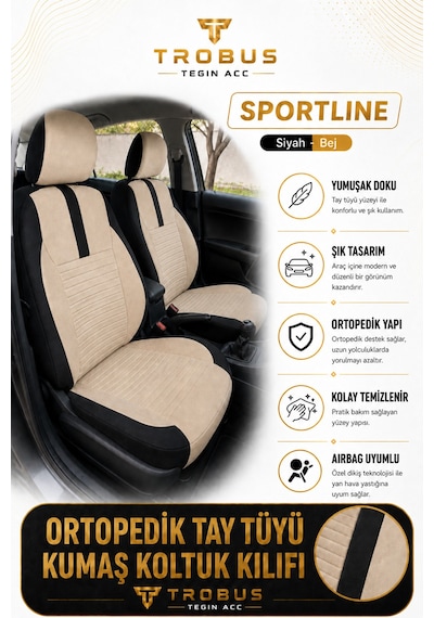 Fiat Doblo 2010-2024 Uyumlu Sportline Serisi Bej Siyah Oto Koltuk Kılıfı