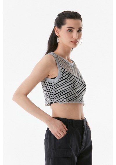 Fullamoda Ajurlu Bisiklet Yaka Crop Bluz 24ygb7584203501-gri 24YGB7584203501-Gri