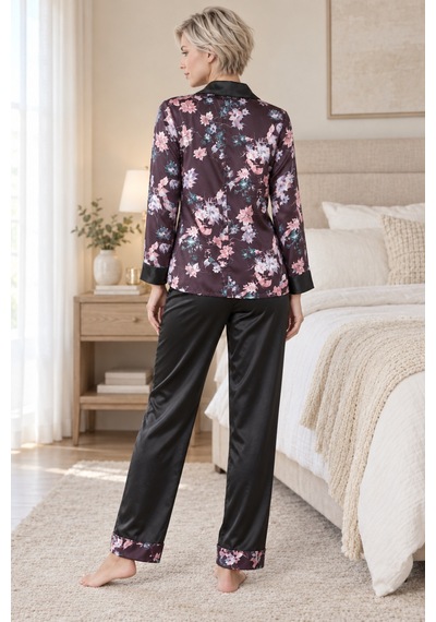 Loule Kadın Siyah Çiçekli Gömlekli Saten Pijama Takımı Uzun Kollu