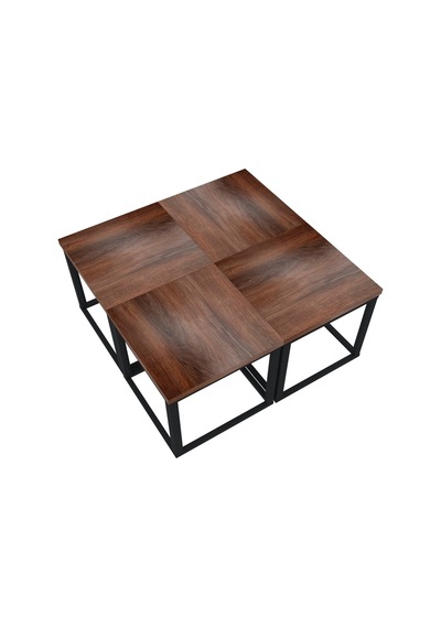 4'lü Kare Orta Sehpa Seti 88x88x40,7 Cm 28 Mm Tabla, Masif Ahşap Ayak Gri / Ceviz Ceviz