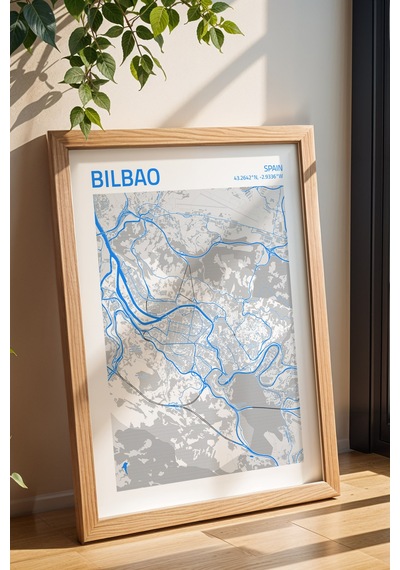 Bilbao İspanya Spain Haritası Çerçeveli Tablo Lüks Salon Ofis Duvar Dekorasyonu Hediyelik Tablo Kayın