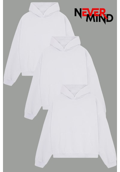 Nevermind 3'lü Düz Basic Kalın Kışlık Sweatshirt - Siyah Beyaz Duman Gri Ov Beyaz