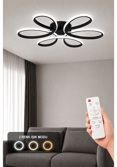 Niva Led Plafonyer Avize 3 Renk Kumandalı Siyah