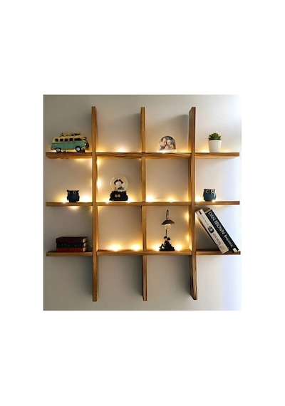Doğal Ahşap Çoklu Raf Dekoratif Duvar Kitap Rafı Led 'siz Kahverengi