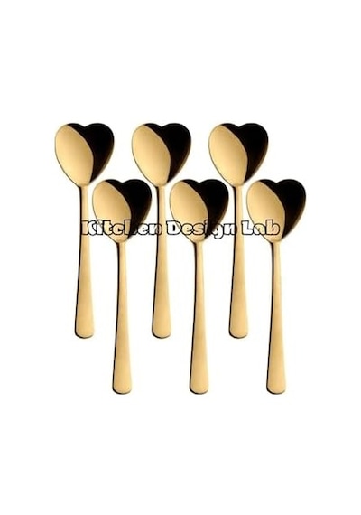 Kalp Şekilli Dondurma Ve Tatlı Kaşığı, Çelik, 6 Adet, Çok Renkli, 18 Cm, Altın Renk Kaplama