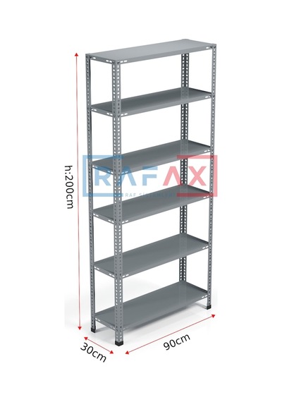 Rafax, 30x90xH:200, 6 Raflı Çelik Raf, Depo Rafı, Arşiv Rafı Gri