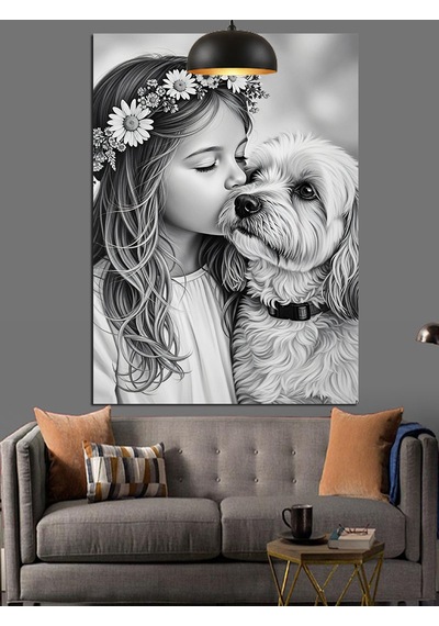Kız Çocuğu Ve Köpek Dostluğu Sevimli Siyah Beyaz Dekoratif Kanvas - Mdf Ahşap Tablo
