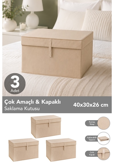 3'lü Mini Boy Hurç - Çok Amaçlı Organizer Kapaklı Saklama Kutusu 40x30x26cm Bej