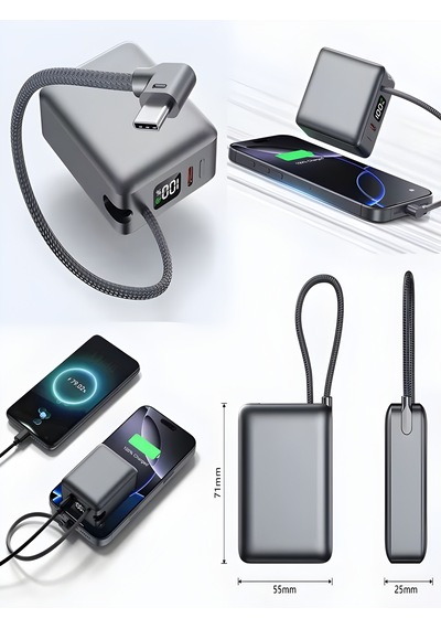 20w Hızlı Şarj Powerbank 10000mah Lcd Ekranlı, Dahili Type-c Girişli Kablolu Taşınabilir Şarj Rose Gold