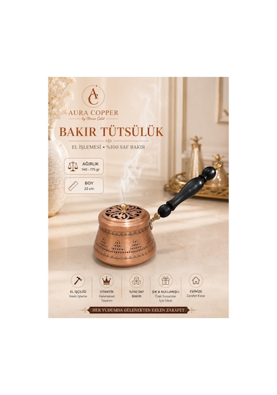 Bakır Tütsülük Ahşap Saplı El İşlemeli Dekoratif Tütsü Kabı 22 Cm - Bakır Bileklik Hediyedir