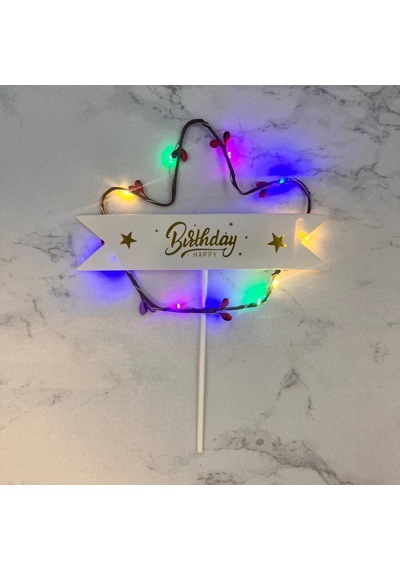 Lüks Pasta Üstü Çubuklu Happy Bırthday Cipsolu Işıklı 21 Cm