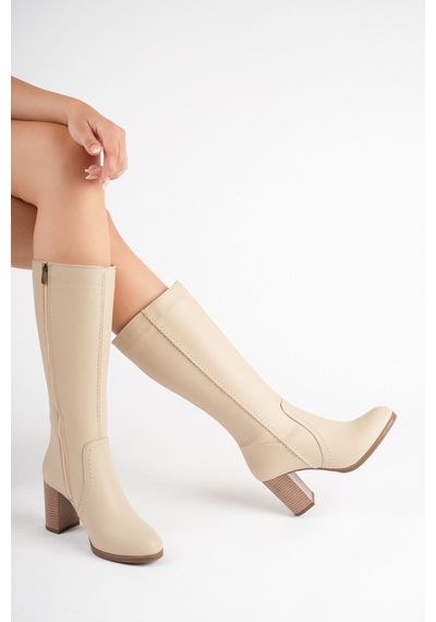Analin Shoes Kadın Hakiki Deri Topuklu Çizme Bej