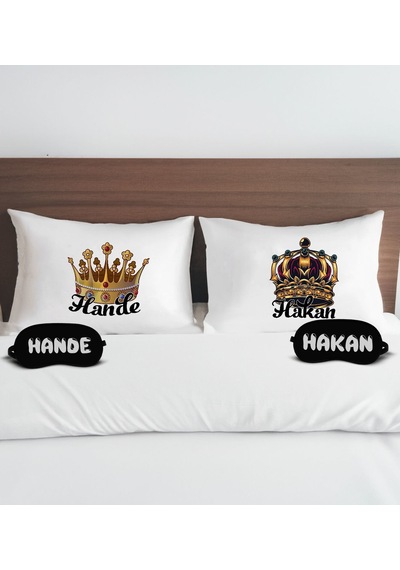 Bk Gift Kişiye Özel Kral Kraliçe Tacı Tasarımlı Pamuklu Yastık Kılıfı Ve Göz Bandı Çift Uyku Seti, Tasarım Ev Tekstili, Uyku Bandı, Ev Hediyesi