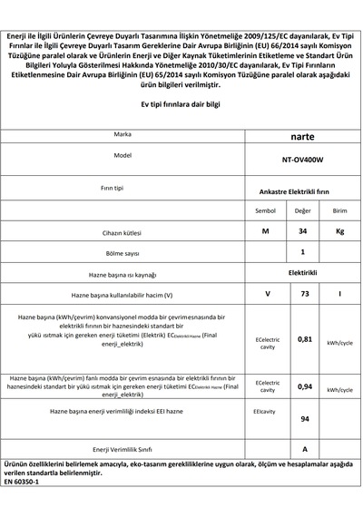 Narte NT-OV400W 73 LT Ankastre Fırın Beyaz