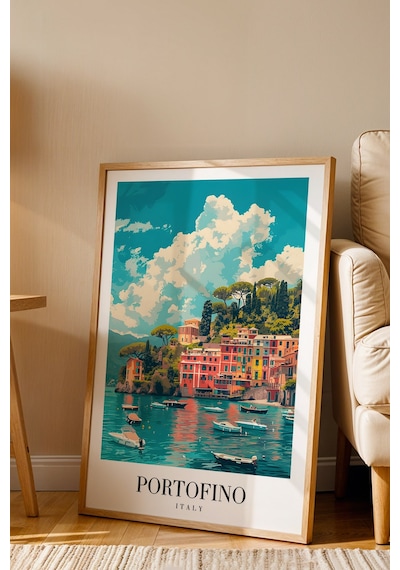 Portofino Italy Vintage Seyahat Posteri Çerçeveli Tablo - Premium Akdeniz Sahil Elit Duvar Dekoru Kayın