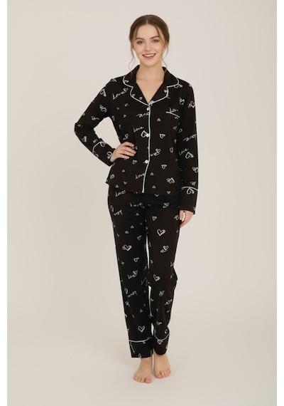 Luxury Viscose Siyah Love Ve Kalp Desenli Kadın Uzun Kollu Pijama Takımı 42572 Antrasit