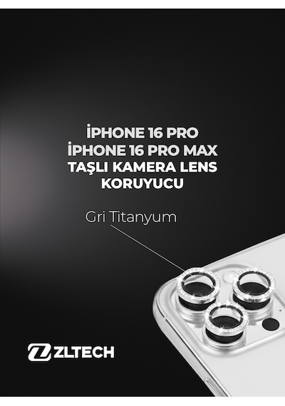 İphone 16pro/16promax Uyumlu Taşlı Kamera Lens Koruyucu Gri