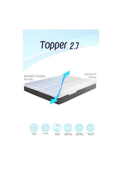 Topper 2.7 - Serinletici Soğuk & Tencel Kılıflı Nano Paket Yaylı Visco Yatak Pedi - Yıkanabilir Beyaz