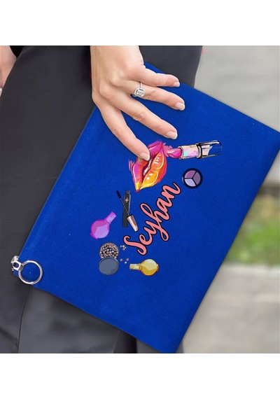 Bk Gift Kişiye Özel İsimli-4 Astarlı Mavi Portföy Çanta 30x21cm, Baskılı El Çantası, Organizer Çanta
