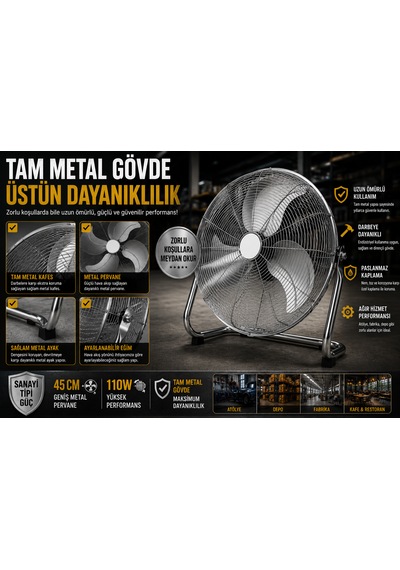 45 Cm Metal Sanayi Tipi Yer Vantilatörü 110w 3 Kademeli Güçlü Endüstriyel Fan Tam Metal Gövde