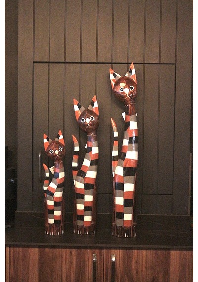 Ahşap Otantik 3 Lü Çizgili Kedi 100cm Albızıa Wood 100 80 60 Dekoratif Ahşap Kedi