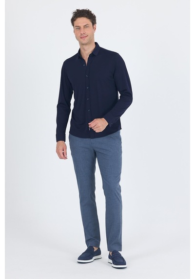 İmza Koyu Lacivert Uzun Kol Düz Örme Polo Yaka Cepsiz Esnek Classic Slim Fit Gömlek 1004250153 200 Koyu Lacivert