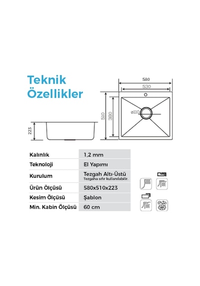 Crauf Poli 6301 Pvd Altın Tek Gözlü 51x58 Cm Paslanmaz Çelik Mutfak Eviyesi Altın