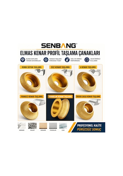 Senbang Elmas Profil Taşlama Diski Seti 6 Model Elmas Kaplı Kenar Freze Diski Mermer Granit Seramik Porselen Cam İçin