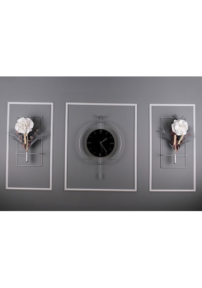 5'li Gümüş Siyah Kristal Elegante Set - Büyük Boy 50x75cm - Modern Duvar Saati Gümüş-siyah