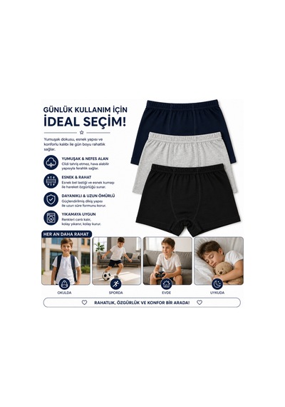 Westicgiyim Erkek Çocuk Boxer 3 Lü Paket Pamuklu Esnek Bel Rahat Kalıp Lacivert Gri Siyah Çocuk İç Giyim Çok Renkli