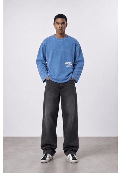 Respire Erkek Always Baskılı Yıkamalı Oversize Long Sleeve Bebe Mavi