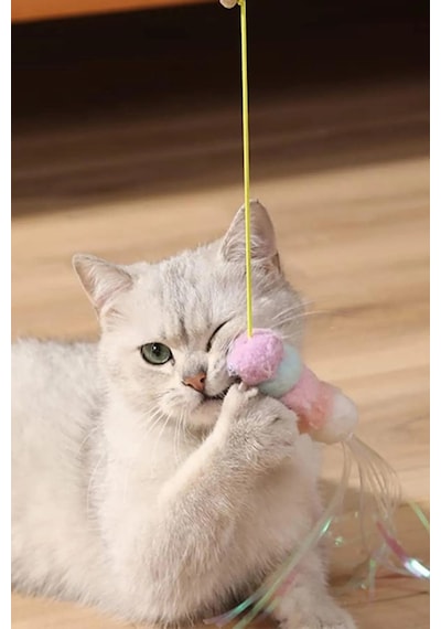 Pribor Tırtıl Kedi Oyuncağı, Kendinden Yapışkanlı, Zilli, Elastik İpli, Asılı Kedi Oyuncağı