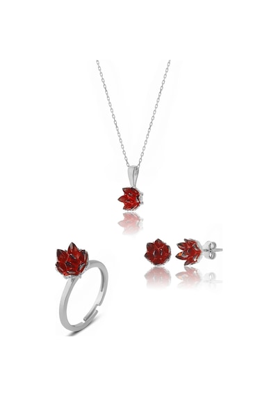 Zanaatsilver 925 Ayar Gümüş Garnet Taşlı Lotus Çiçeği Takım & Seti