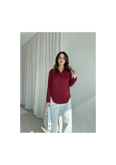 Rabia Çelik Kadın Bordo Düğmeli Saten Gömlek Bordo Bordo