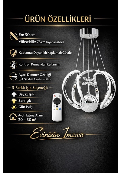 Riko Tek Toplu Led Avize 3 Renk Led Isıklı Kumandalı Modern Avize Salon Avize Krom
