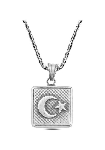 925 Ayar Gümüş Eskitme Ayyıldız İşlemeli Kare Cevşen Erkek Kolye Gümüş