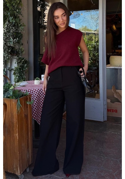 Madmext Siyah Yüksek Bel Keten Wide Leg Pantolon Mg2718