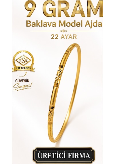 22 Ayar Tse Belgeli 9 Gram Baklava Model Ajda Altın Bilezik İşçiliksiz