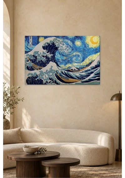 Fida Yıldızlı Gece İle Büyük Dalga Buluşması Canvas Tablo Çok Renkli