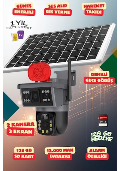 Yapay Zeka 4k Simkartlı Güneş Enerjili 2 Kameralı 3 Ekranlı Güvenlik Kamerası Renkli Gece Görüş Se