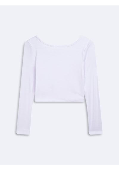 LTB Uzun Kollu Kayık Yaka Crop Beyaz Sweatshırt Beyaz
