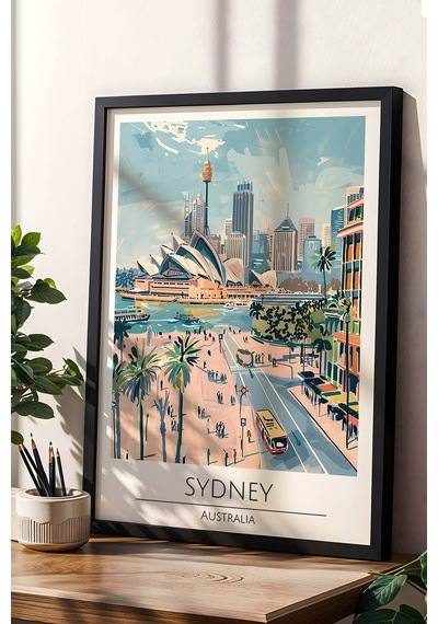Avustralya Sydney Temalı Çerçeveli Tablo Travel Serisi Modern İllüstrasyon Şehir Duvar Dekoru Siyah