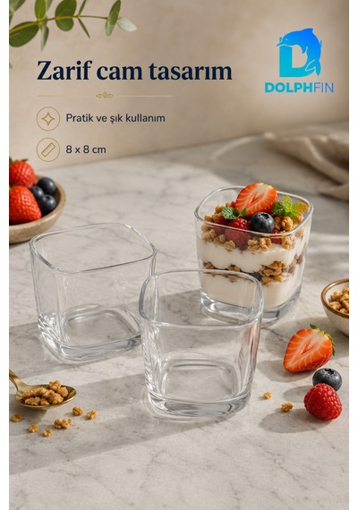 3 Lü Cam Magnolia Kasesi 8x8 Cm Kare Tatlı Sunum Kase Seti Şeffaf