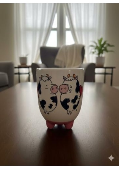 İnek Kupa 07 El Yapımı 3d Krem Parlak Kupa - El Yapımı Seramik Kupa Açık Ahşap