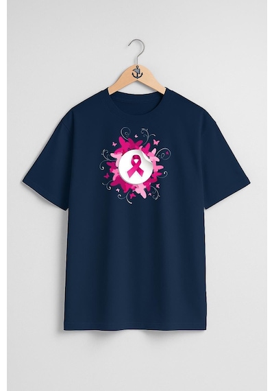 Oversize Dünya Kanser Günü Göğüs Tasarımlı Unisex T-shirt Lacivert