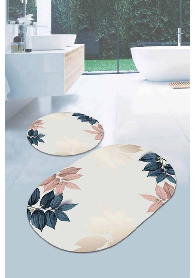 Krem Yapraklı Banyo Halısı Klozet Oval Paspas Seti Bs094n11