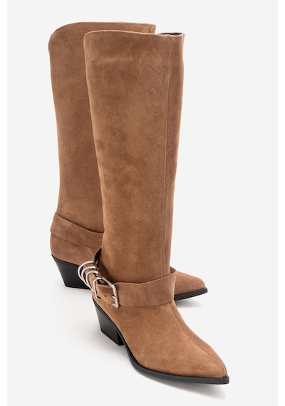 Luvishoes Helıos Toprak Süet Hakiki Deri Tokalı Kadın Western Çizme Toprak