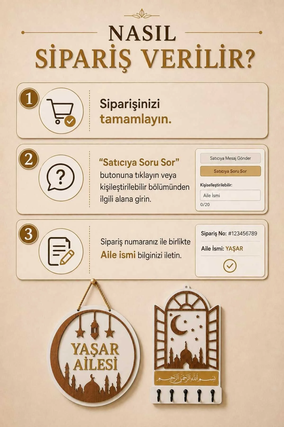Kişiye Özel 2'li Set Ahşap Gold Dış Kapı Süsü İsimliği Ve Besmele Anahtarlık Askılığı Dekoratif Tabela Ev Hediyesi 0