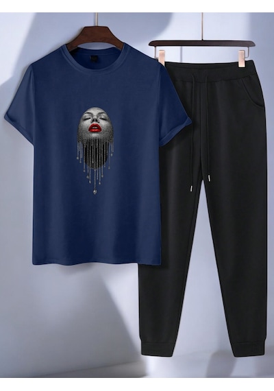 Uyguntarz Unisex Pırlantalı Kadın Portresi Tasarım Basklı Tshirt Eşofman Takımı Lacivert